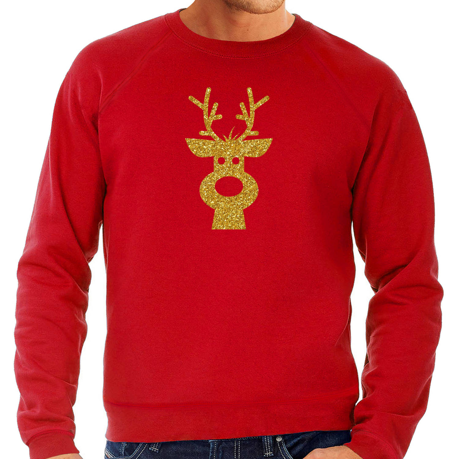 Rendier hoofd Kerst sweater / trui rood voor heren met gouden glitter bedrukking L - kerst truien