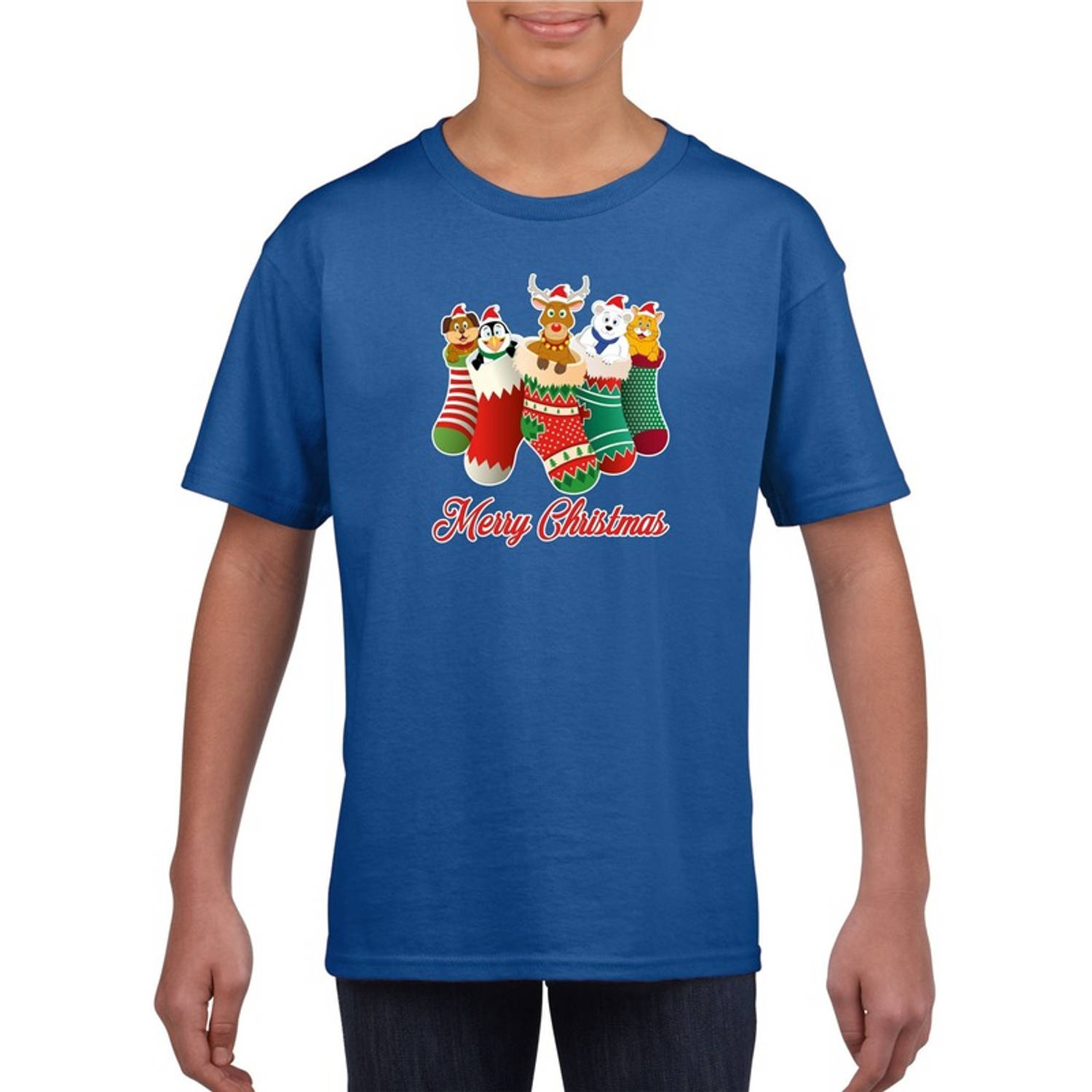 Blauw kerst shirt / kerstkleding Merry Christmas dieren kerstsokken voor kinderen M (116-134) - kerst t-shirts kind