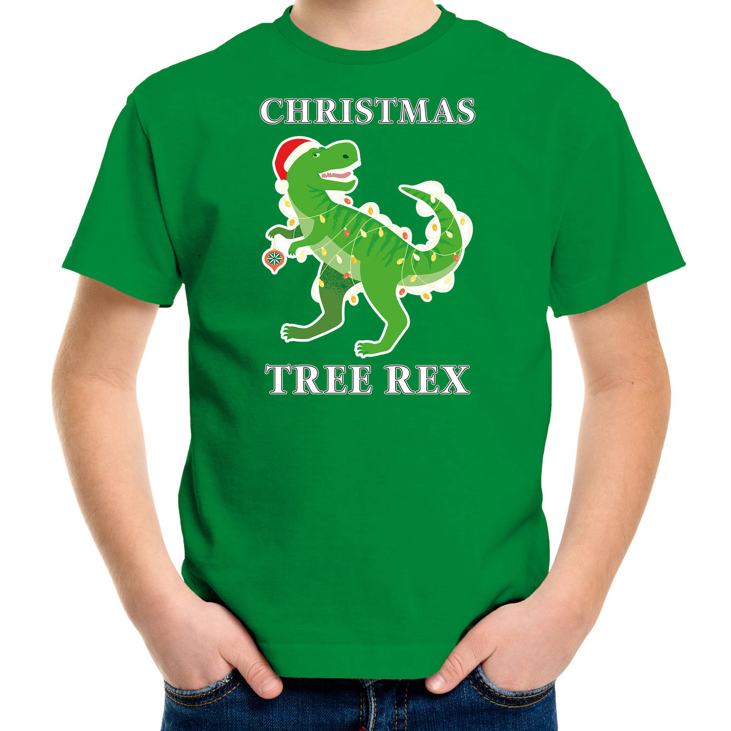 Groen Kerst shirt / Kerstkleding Christmas tree rex voor kinderen L (140-152) - kerst t-shirts kind