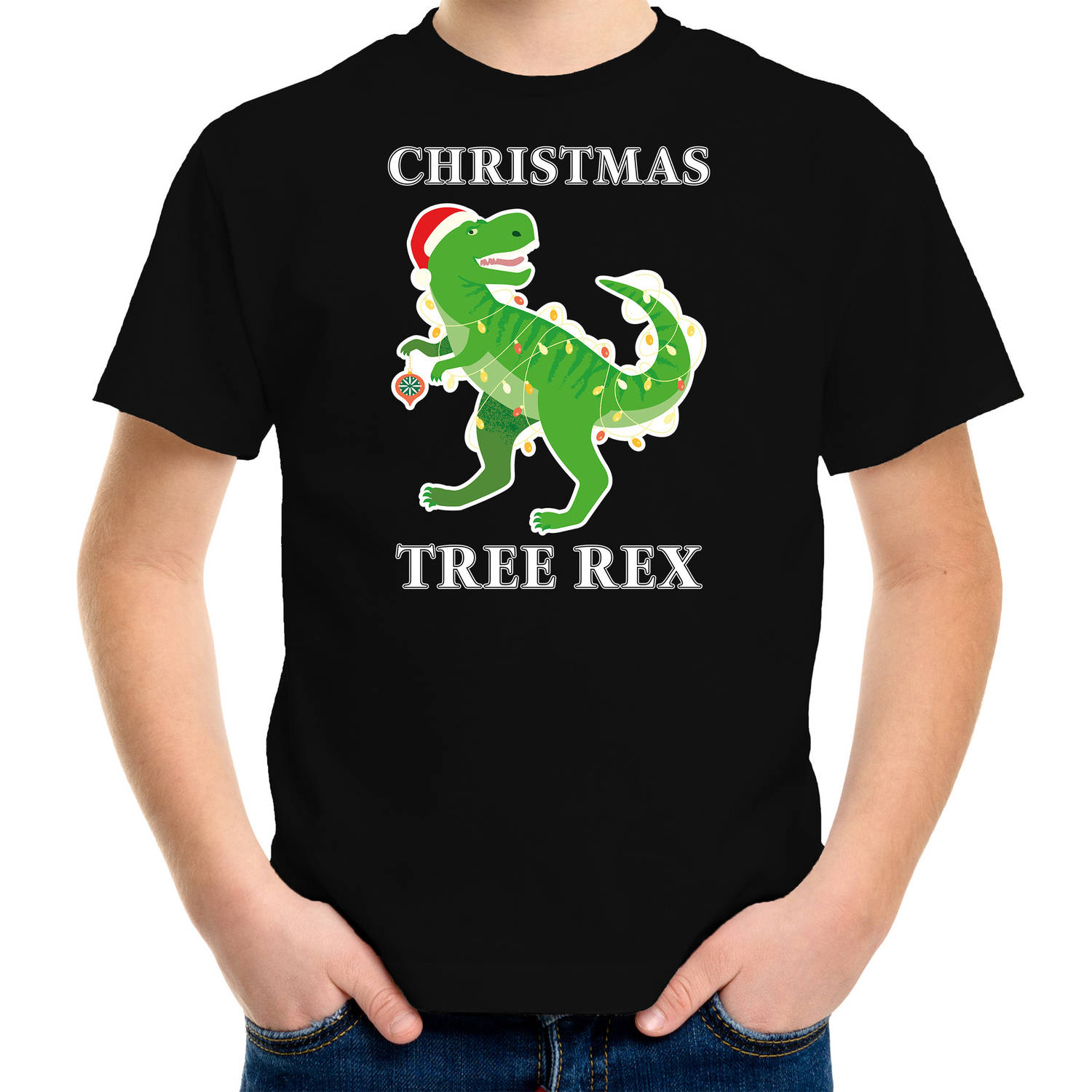 Zwart Kerst shirt / Kerstkleding Christmas tree rex voor kinderen S (110-116) - kerst t-shirts kind