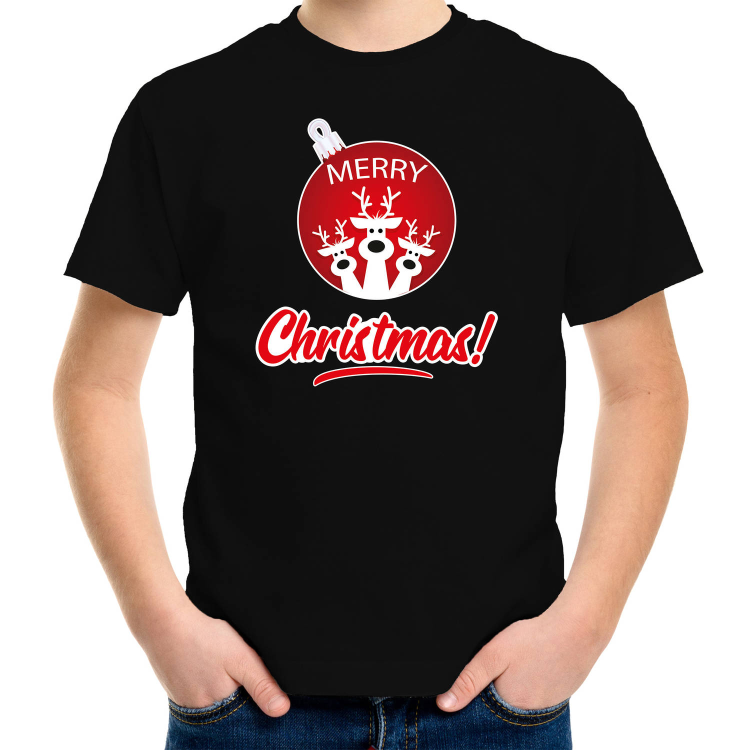 Zwart Kerst shirt / Kerstkleding Merry Christmas voor kinderen met rendier kerstbal XS (104-110) - kerst t-shirts kind