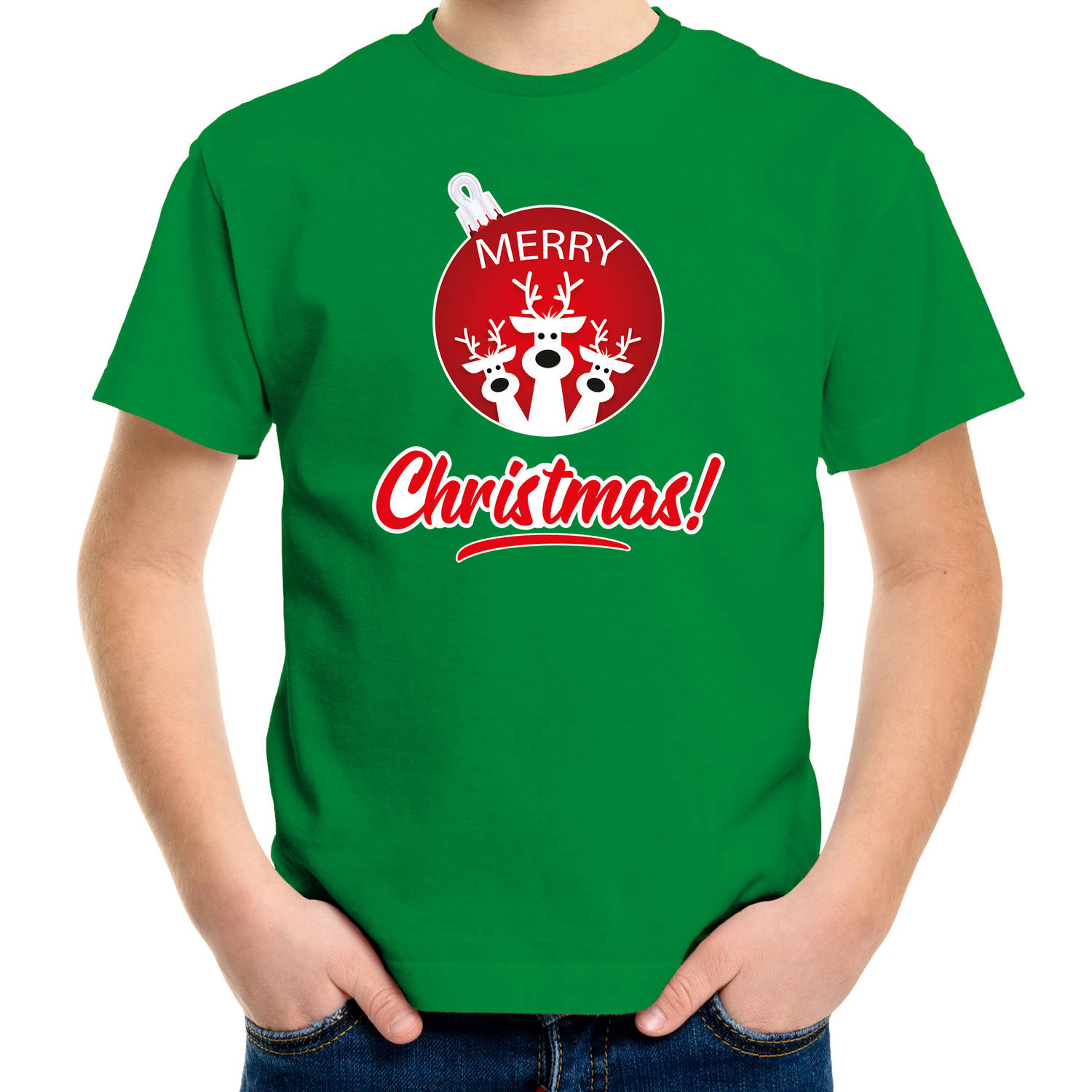 Groen Kerst shirt / Kerstkleding Merry Christmas voor kinderen met rendier kerstbal XL (164-176) - kerst t-shirts kind