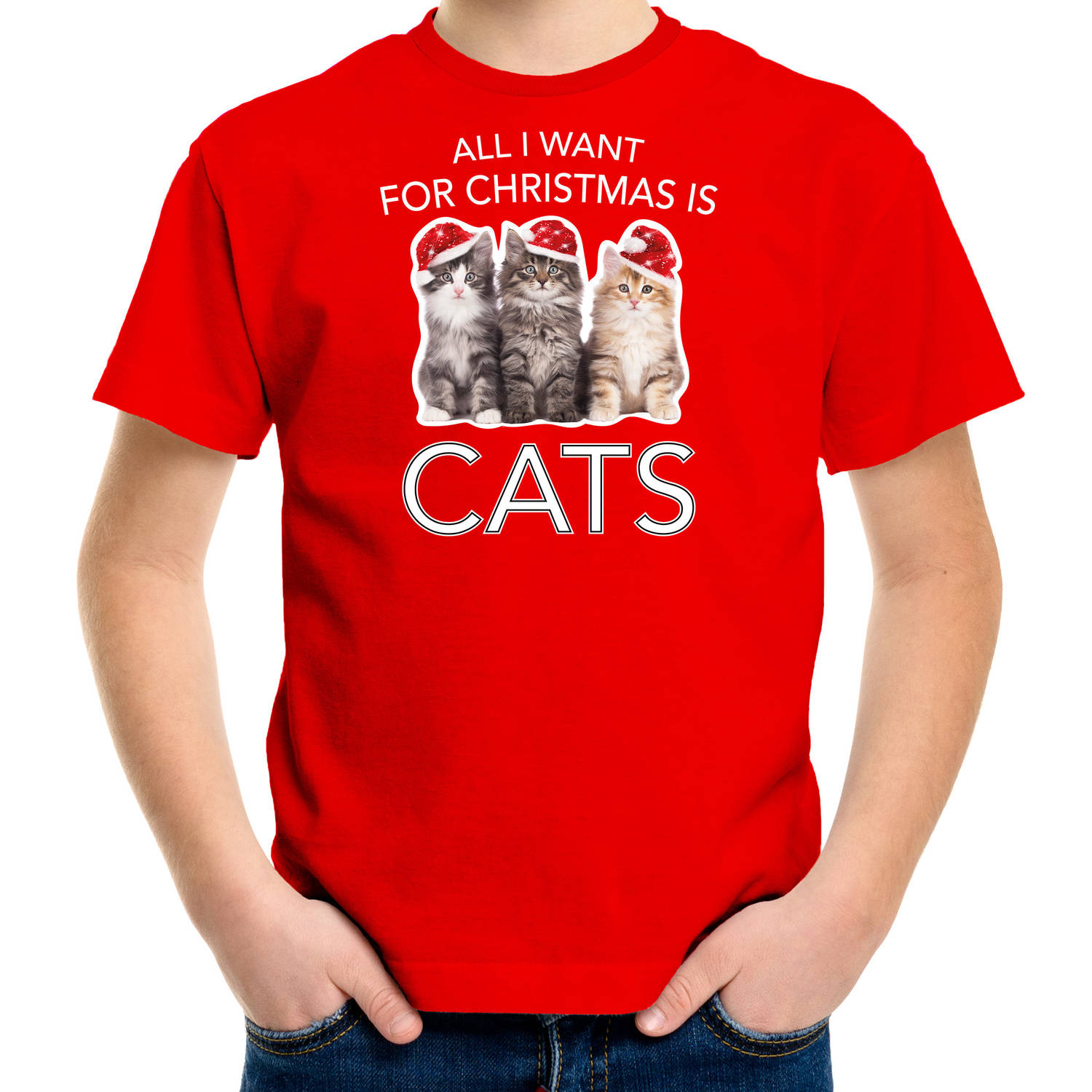 Rood Kerst shirt/ Kerstkleding All i want for Christmas is cats voor kinderen L (140-152) - kerst t-shirts kind