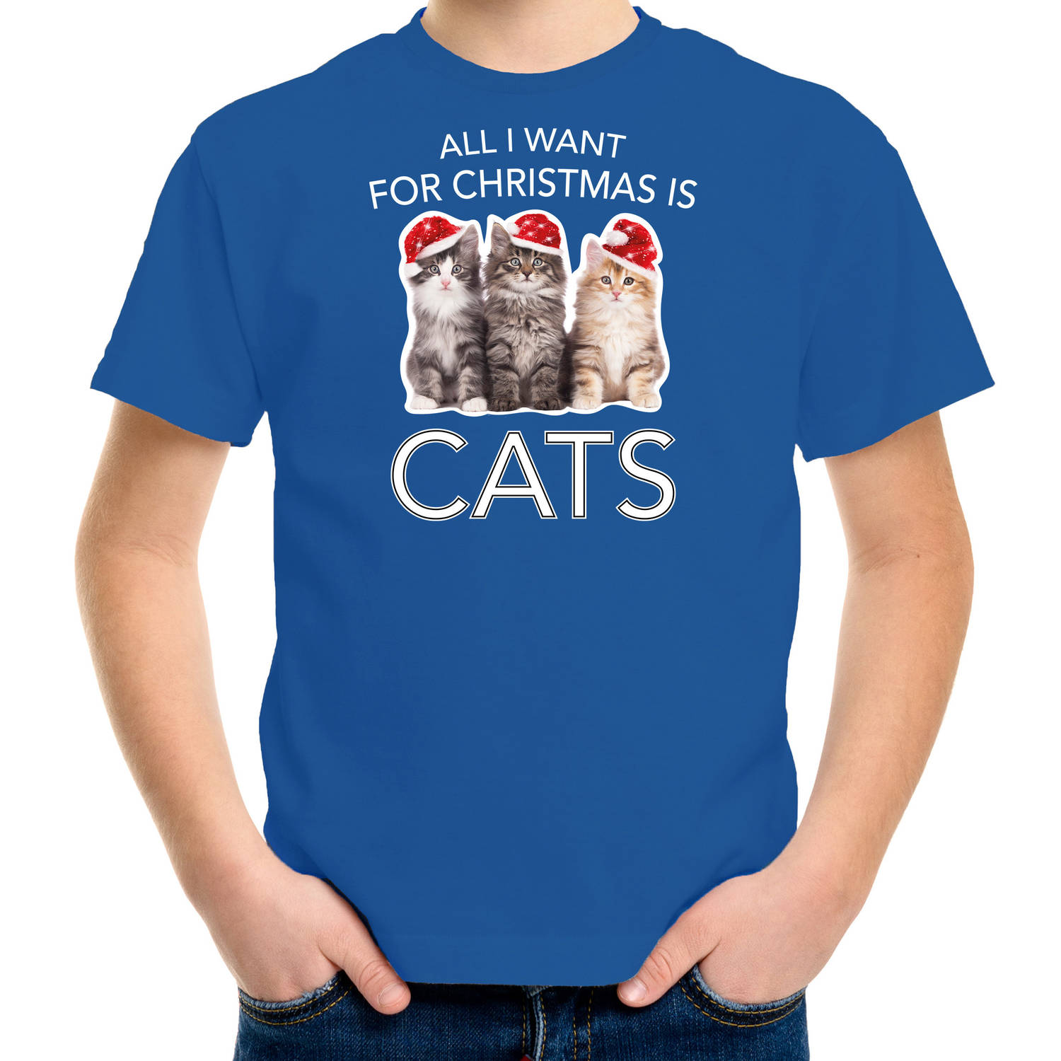 Blauw Kerst shirt/ Kerstkleding All i want for Christmas is cats voor kinderen L (140-152) - kerst t-shirts kind