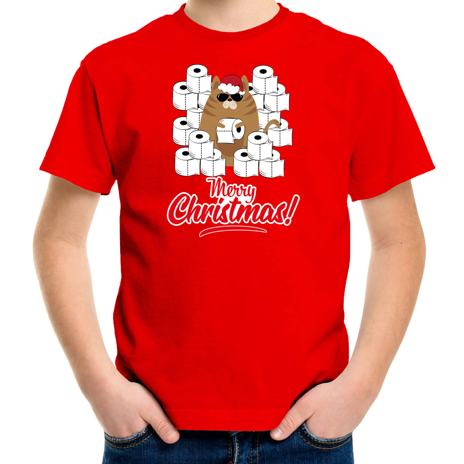 Rood Kerst shirt/ Kerstkleding hamsterende kat Merry Christmas voor kinderen L (140-152) - kerst t-shirts kind