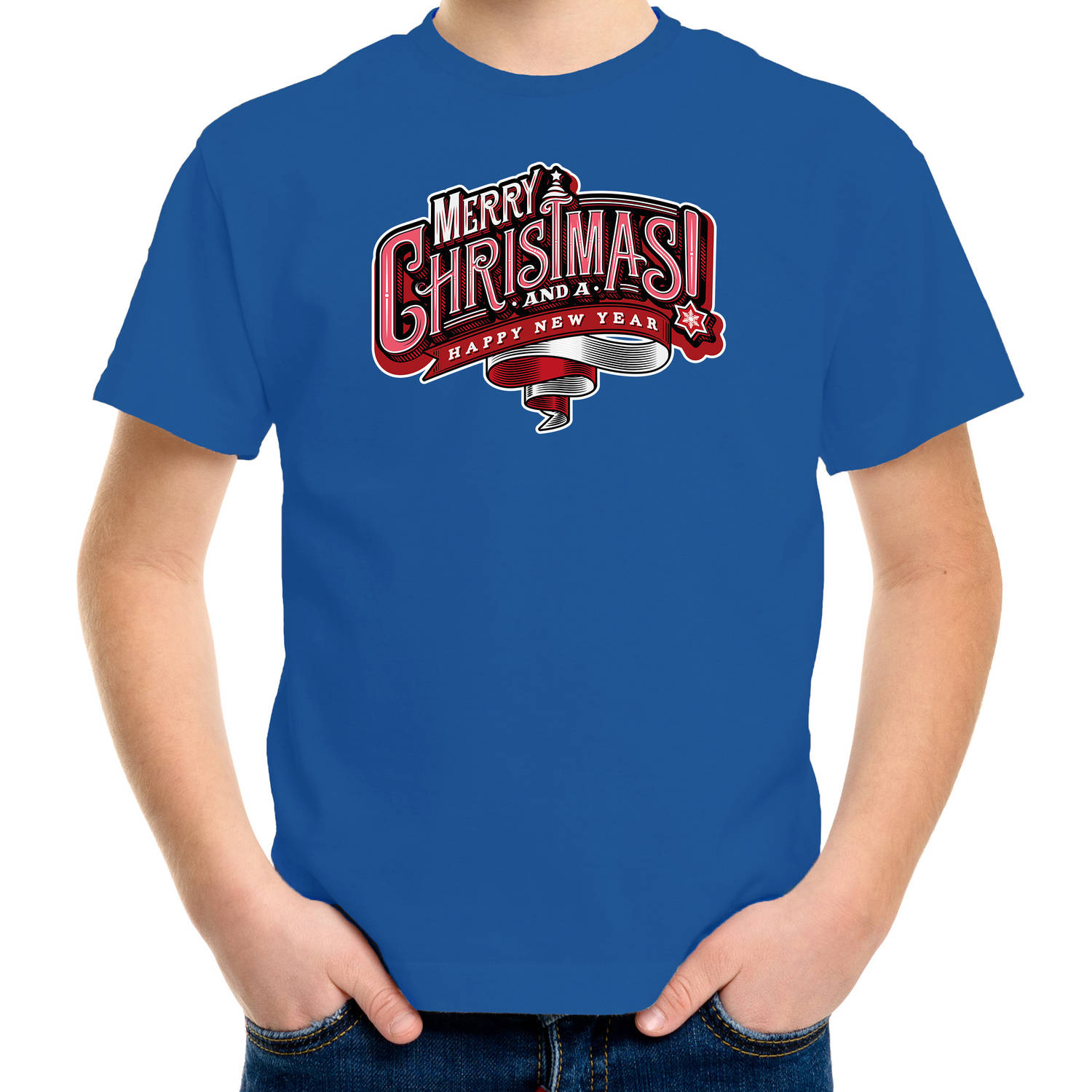 Blauw Kerst shirt / Kerstkleding Merry Christmas voor kinderen S (110-116) - kerst t-shirts kind