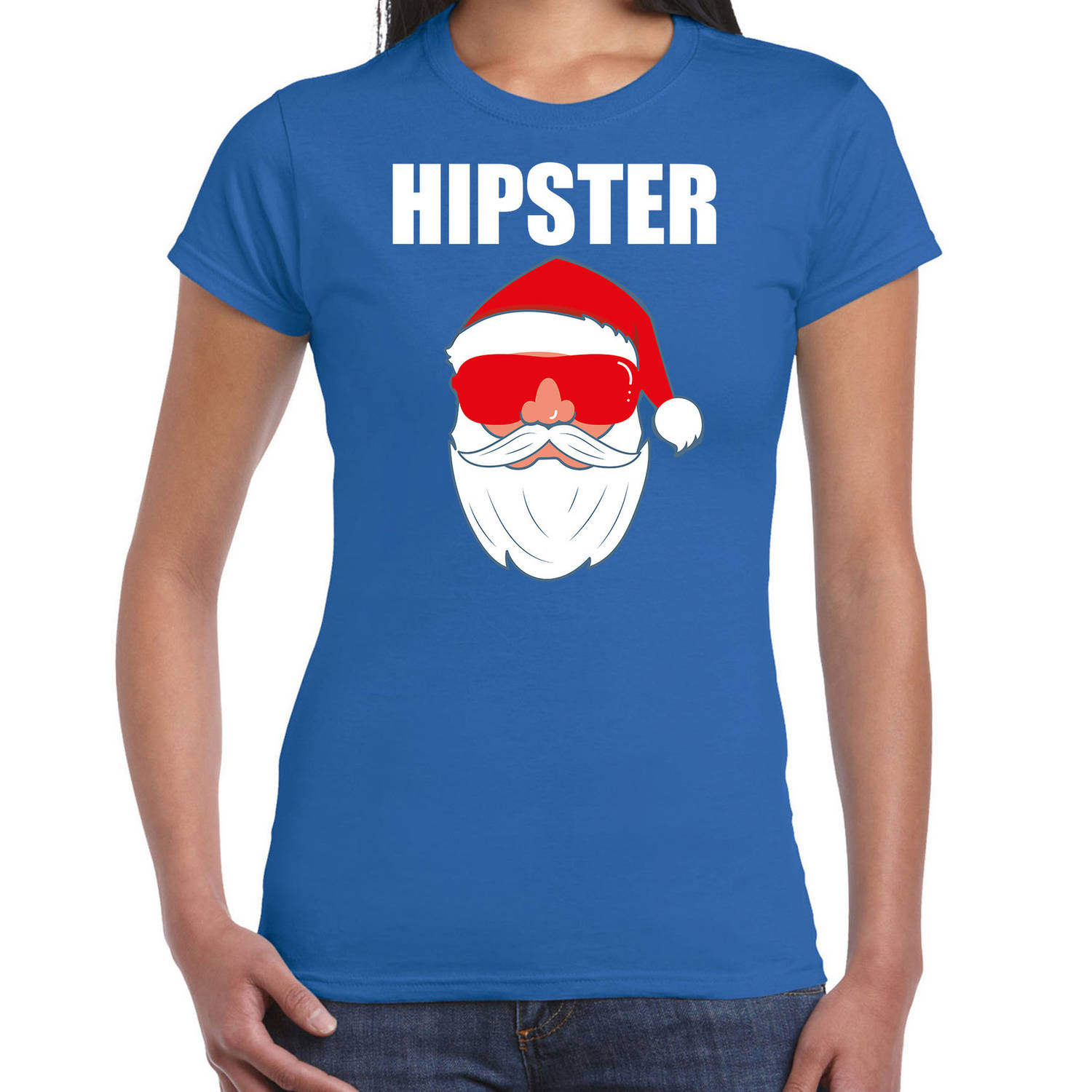 Blauw Kerstshirt / Kerstkleding Hipster voor dames met Kerstman met zonnebril L - kerst t-shirts