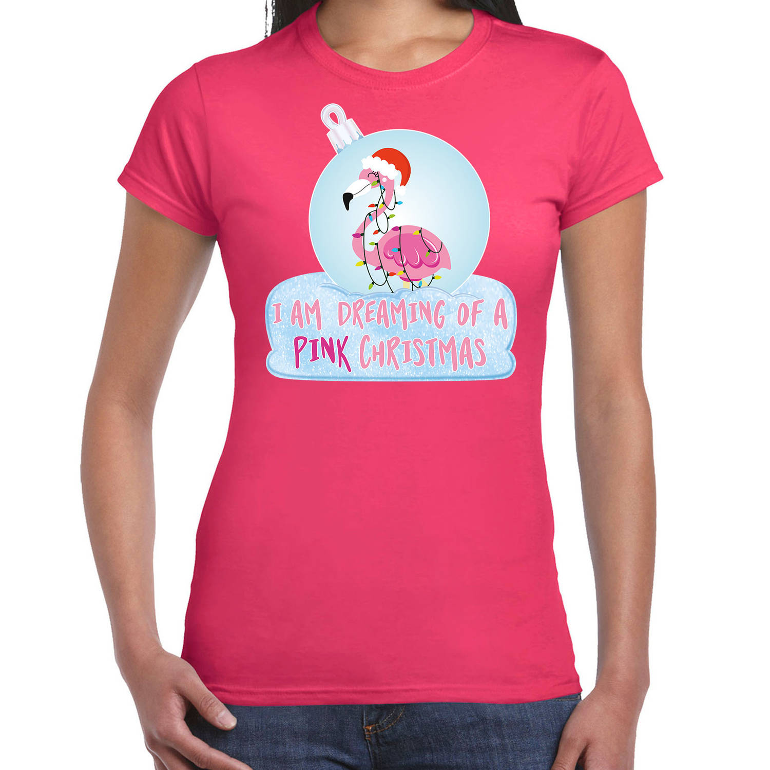 Roze Kerstshirt / Kerstkleding I am dreaming of a pink Christmas voor dames met flamingo kerstbal XS - kerst t-shirts