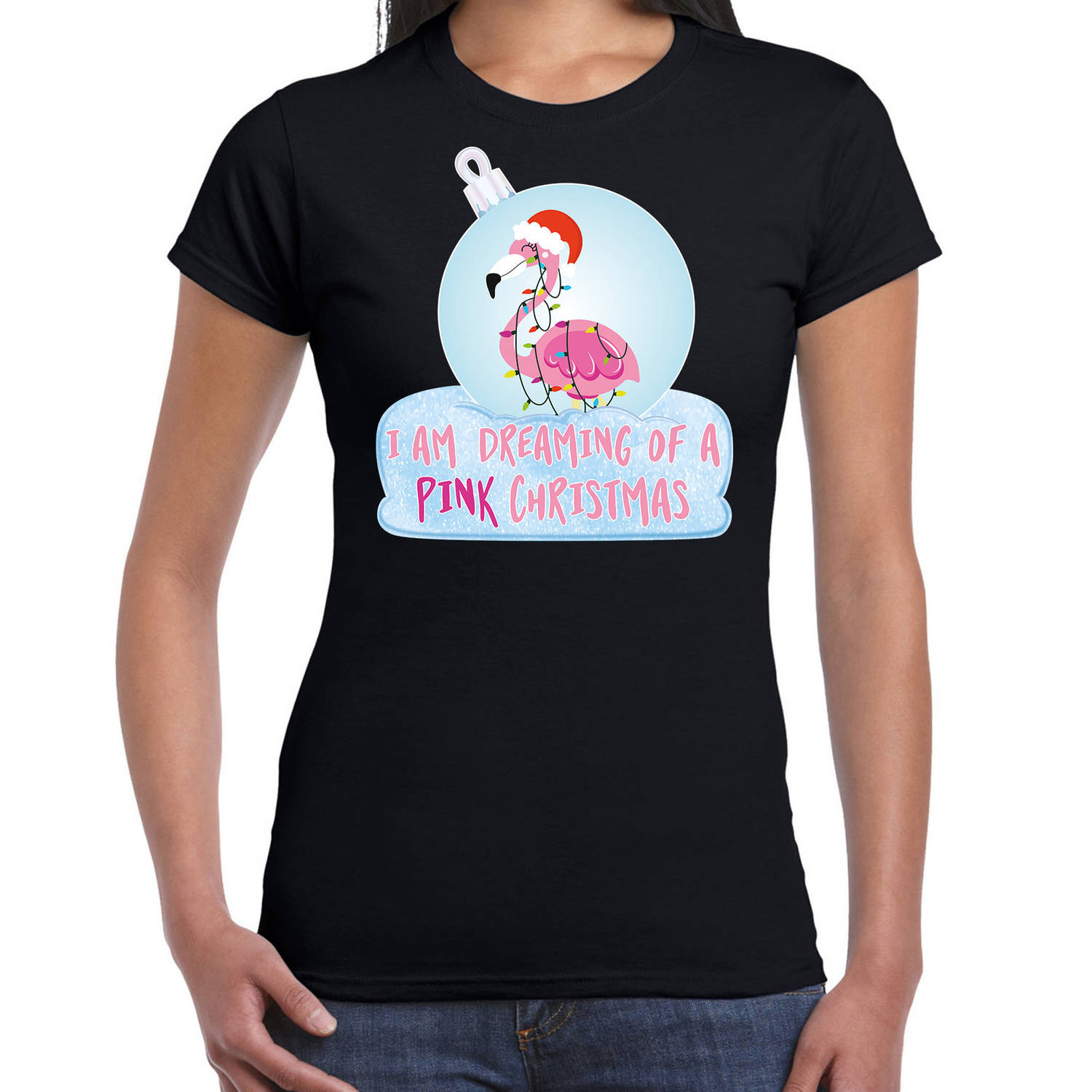 Zwart Kerstshirt / Kerstkleding I am dreaming of a pink Christmas voor dames met flamingo kerstbal L - kerst t-shirts