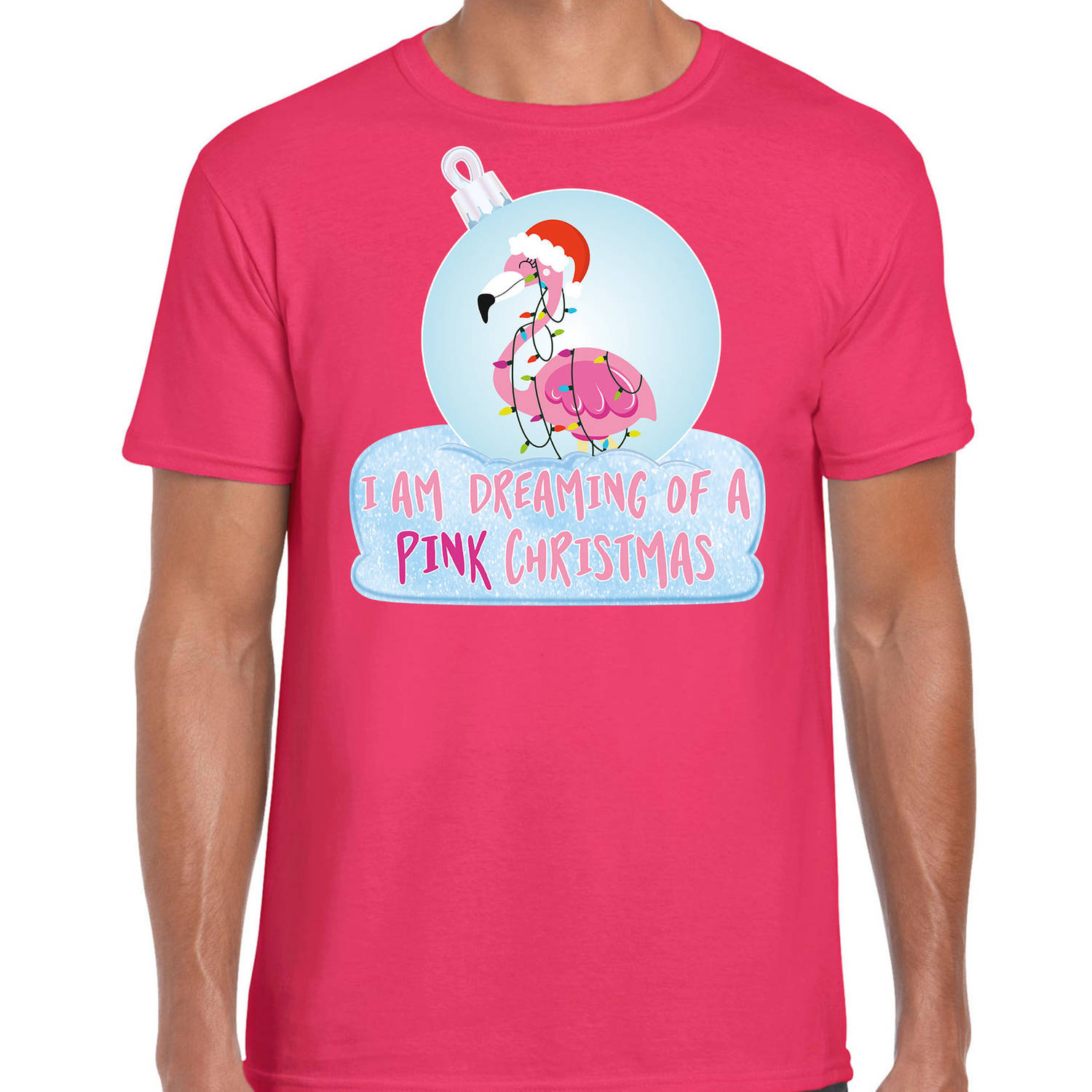 Roze Kerstshirt / Kerstkleding I am dreaming of a pink Christmas voor heren met flamingo kerstbal L - kerst t-shirts