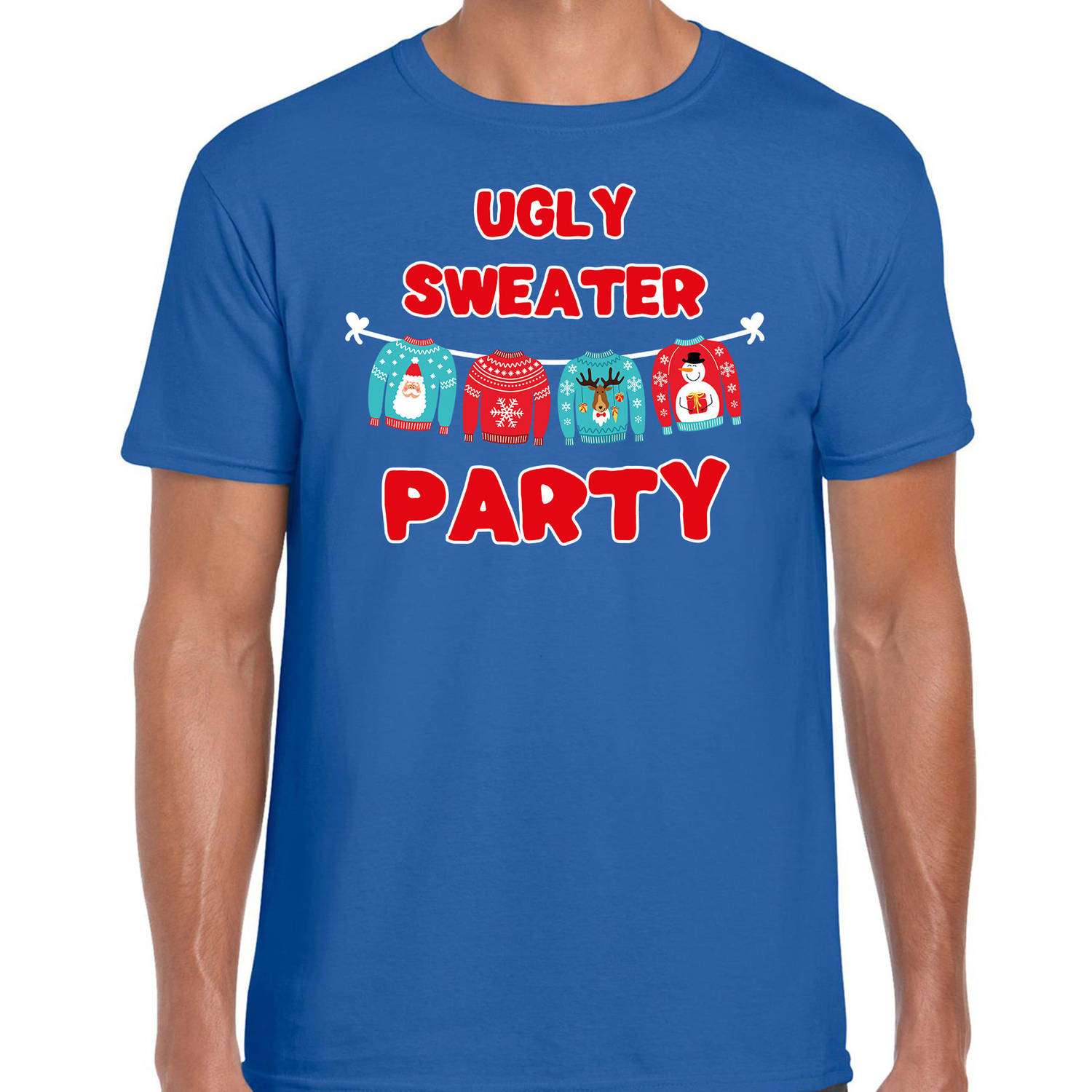Blauw Kerstshirt / Kerstkleding Ugly sweater party voor heren 2XL - kerst t-shirts