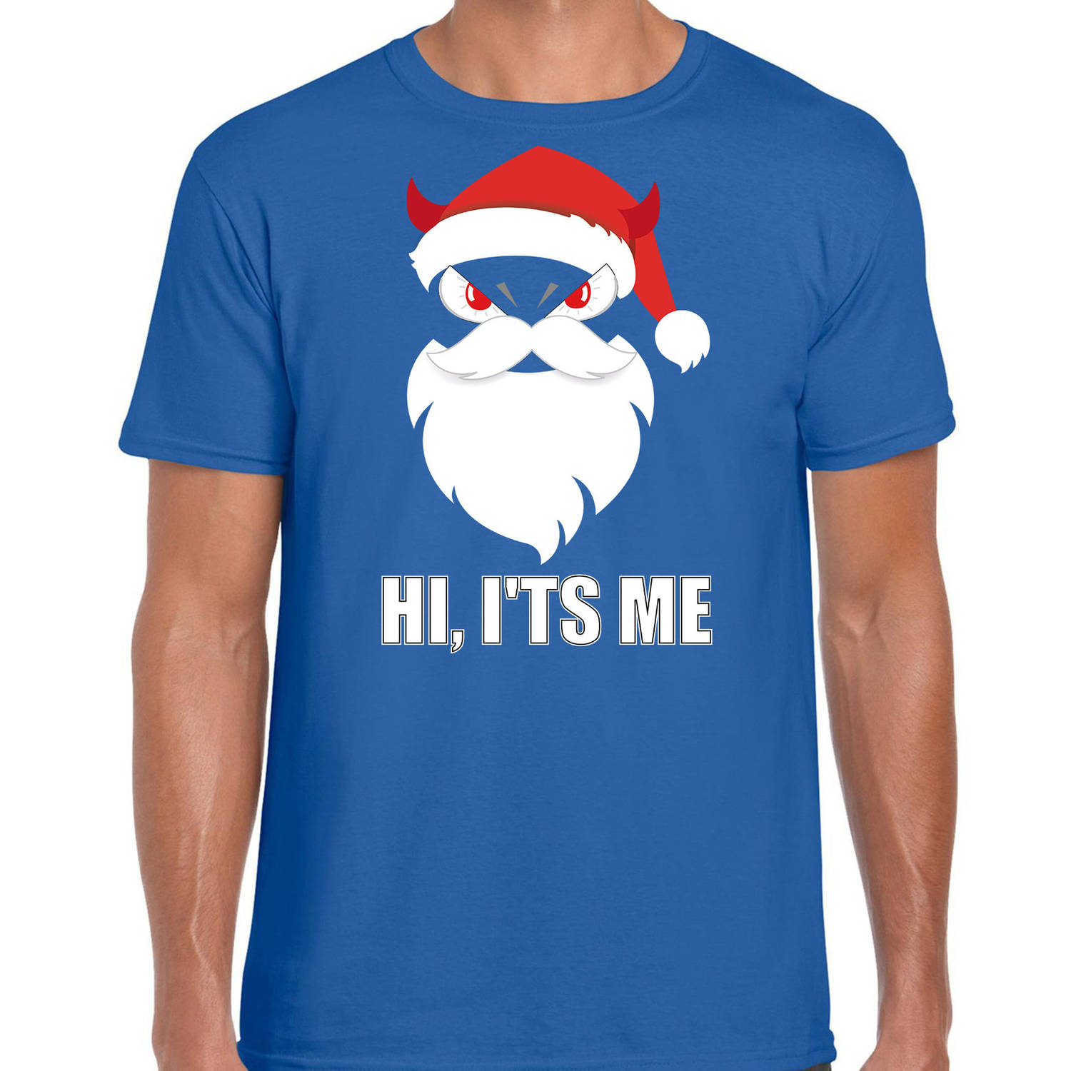 Blauw Kerstshirt / Kerstkleding Hi its me voor heren met duivels kerstmannetje S - kerst t-shirts