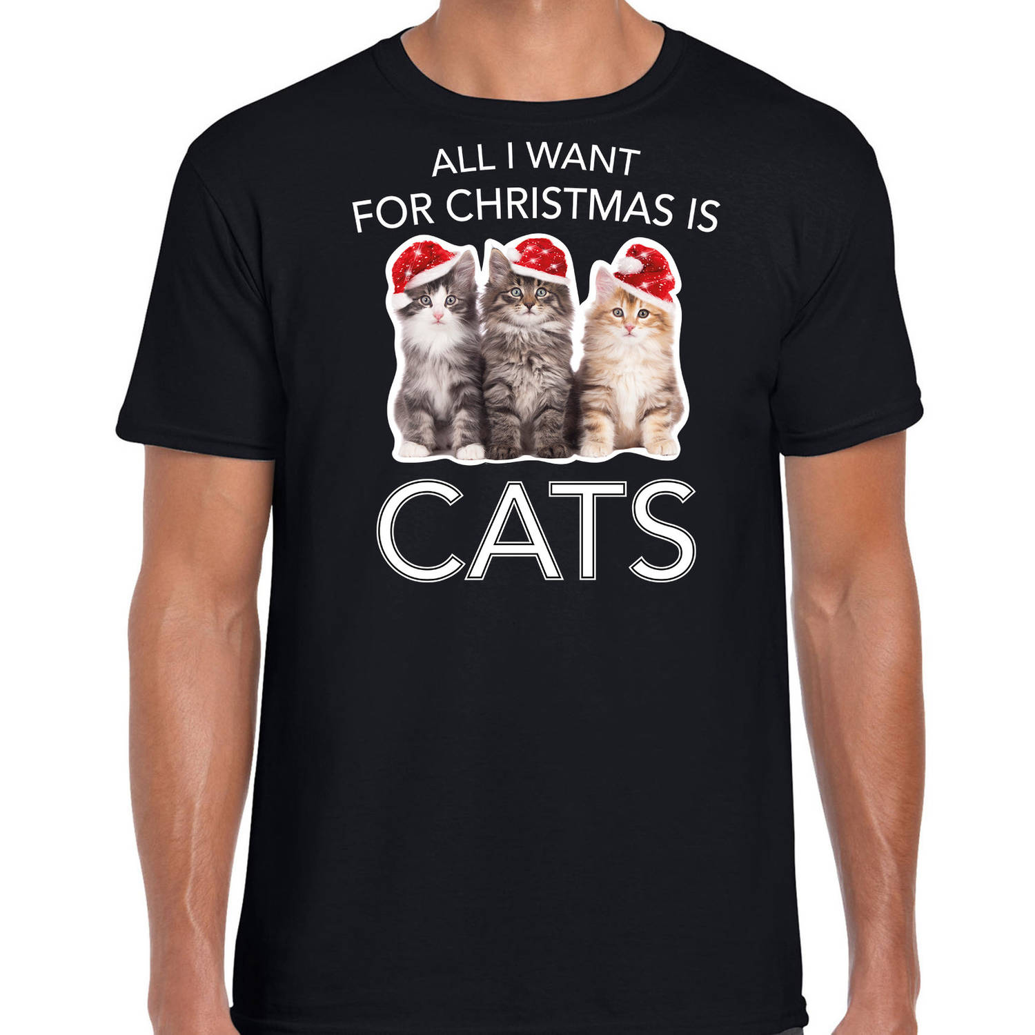 Zwart Kerst shirt/ Kerstkleding All i want for Christmas is cats voor heren L - kerst t-shirts