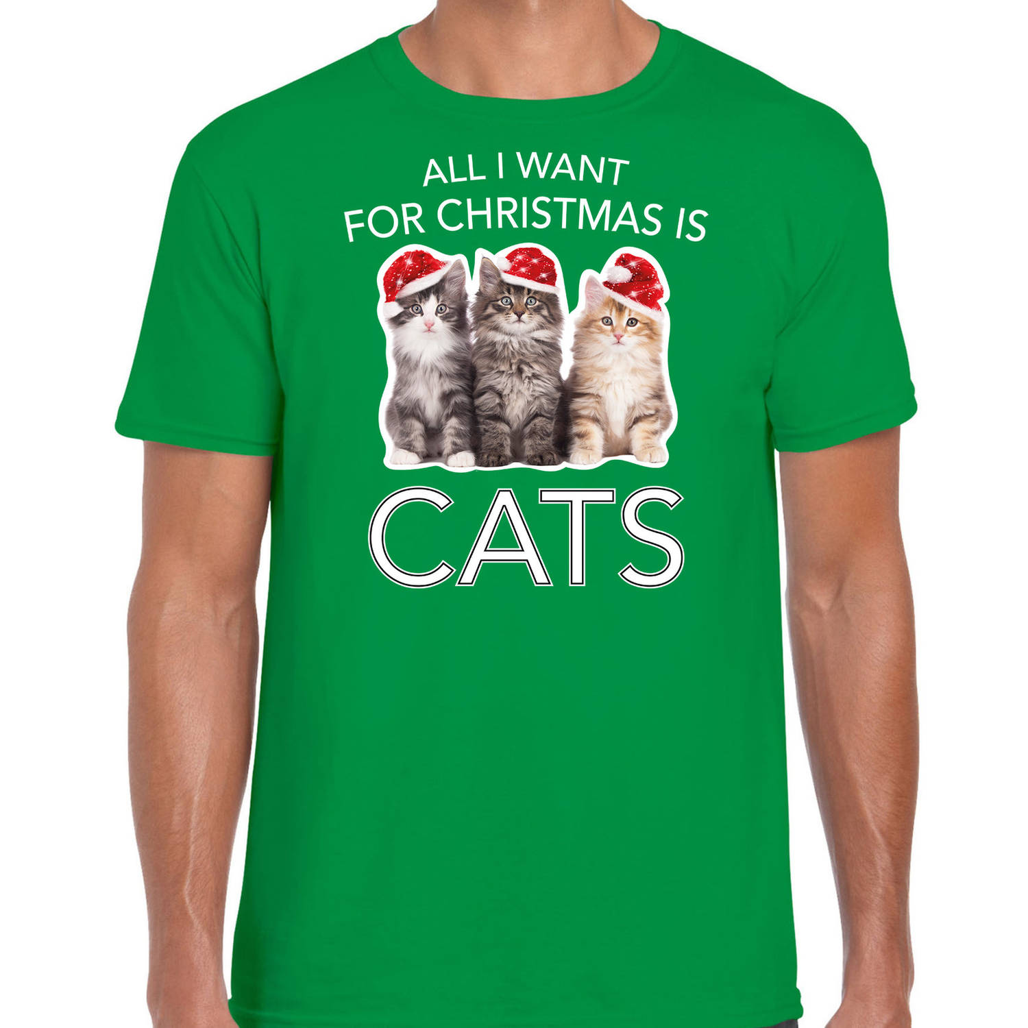 Groen Kerst shirt/ Kerstkleding All i want for Christmas is cats voor heren L - kerst t-shirts