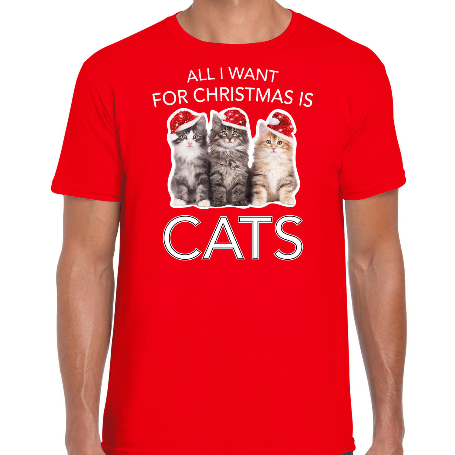 Rood Kerst shirt/ Kerstkleding All i want for Christmas is cats voor heren 2XL - kerst t-shirts