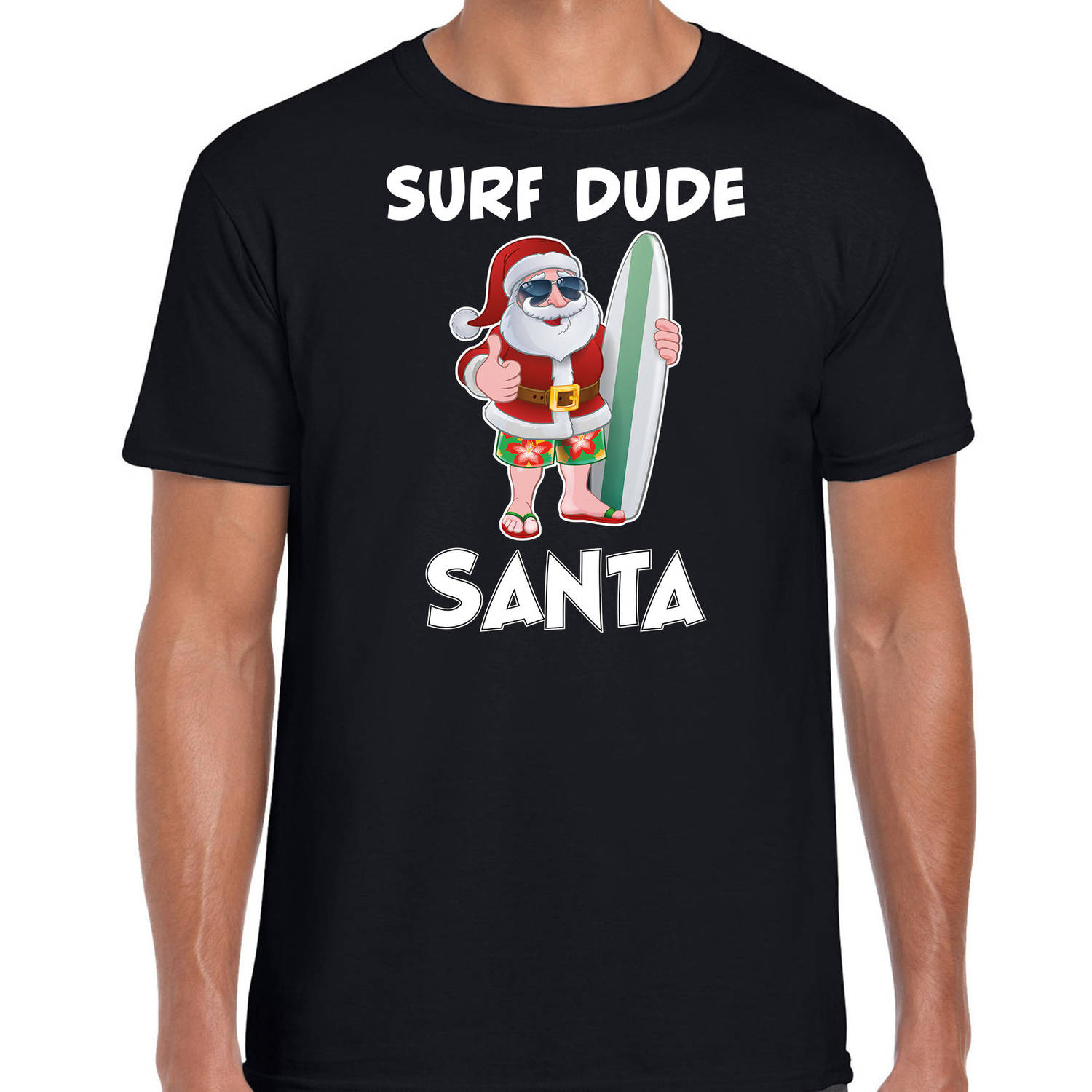 Zwart Kerst shirt/ Kerstkleding surf dude Santa voor heren L - kerst t-shirts