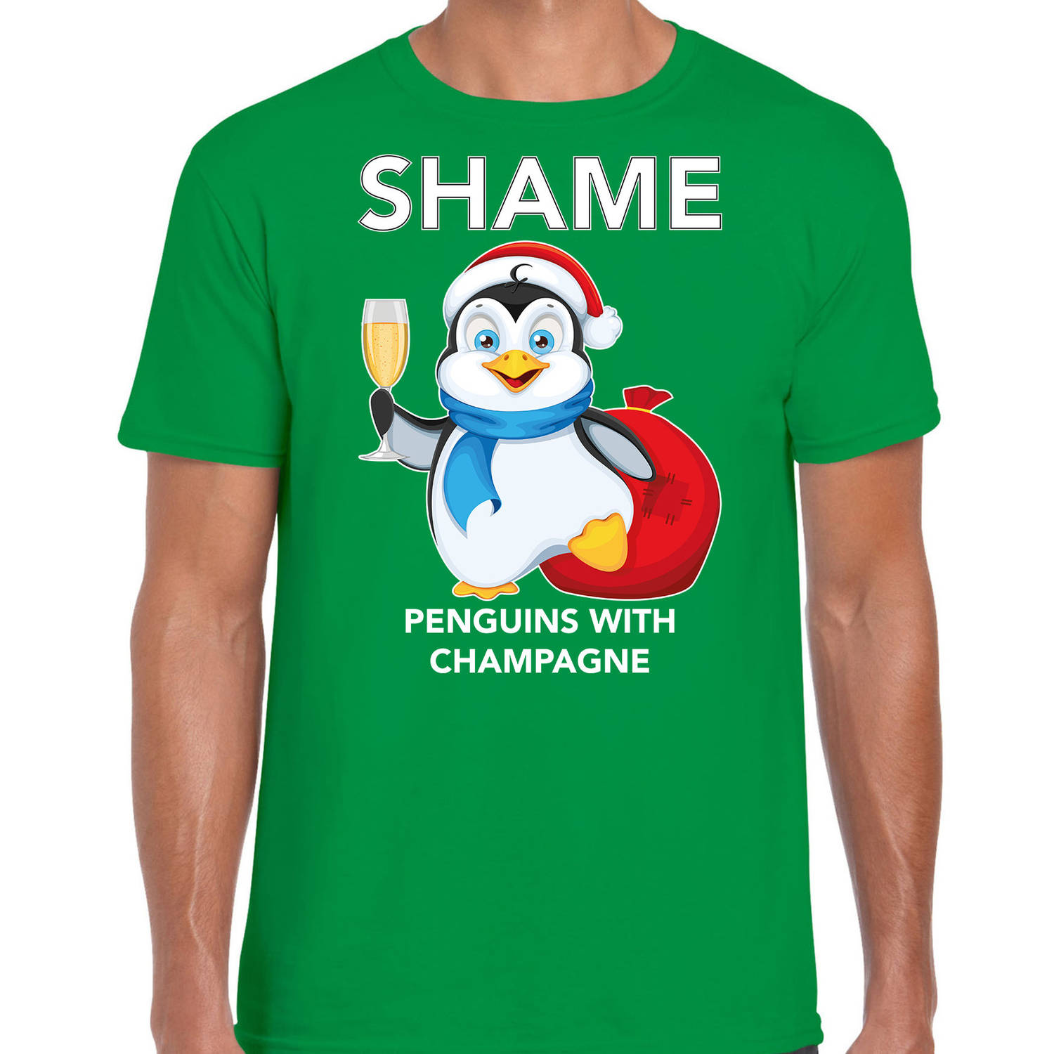 Groen Kerst shirt/ Kerstkleding met pinguin Shame penguins with champagne voor heren S - kerst t-shirts
