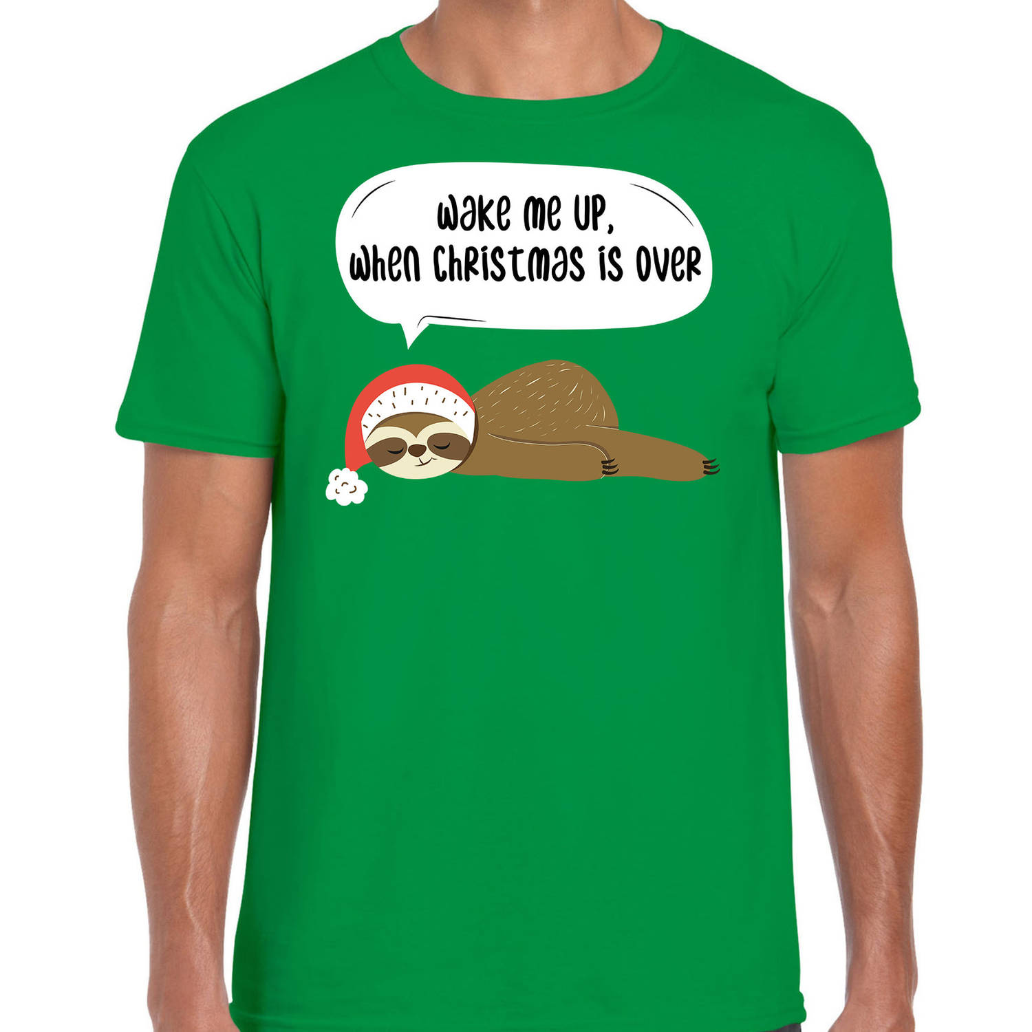 Groen Kerst shirt/ Kerstkleding met luiaard Wake me up when christmas is over voor heren L - kerst t-shirts