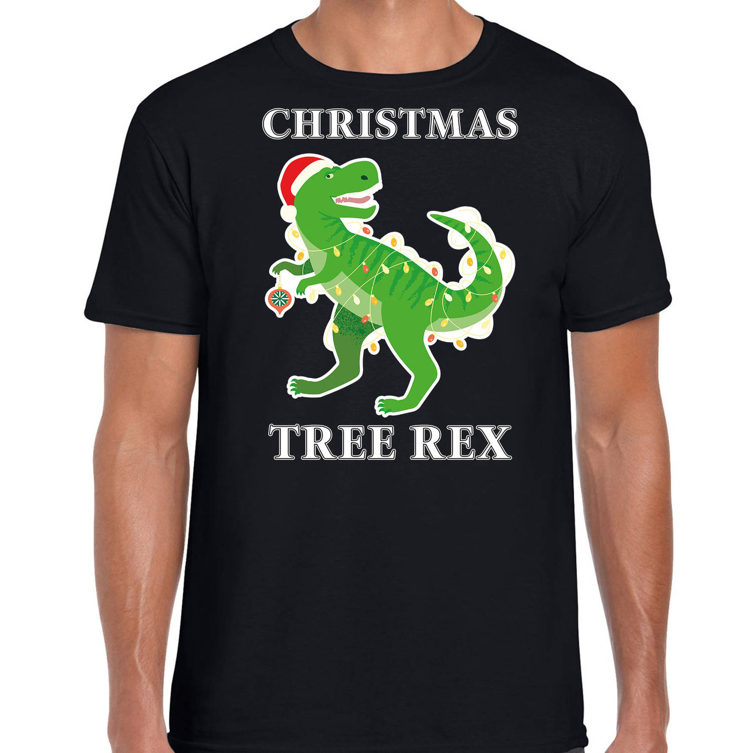 Zwart Kerst shirt / Kerstkleding Christmas tree rex voor heren L - kerst t-shirts