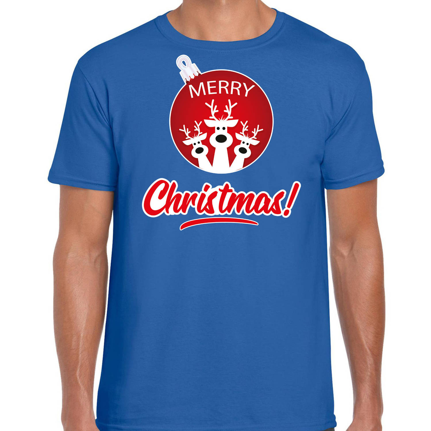 Blauw Kerst shirt / Kerstkleding Merry Christmas voor heren met rendier kerstbal XL - kerst t-shirts