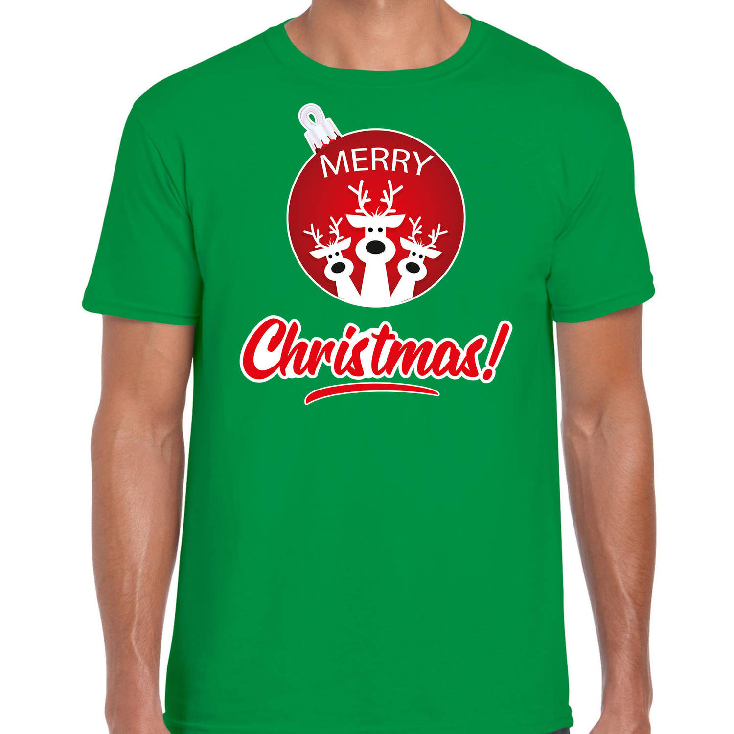 Groen Kerst shirt / Kerstkleding Merry Christmas voor heren met rendier kerstbal L - kerst t-shirts