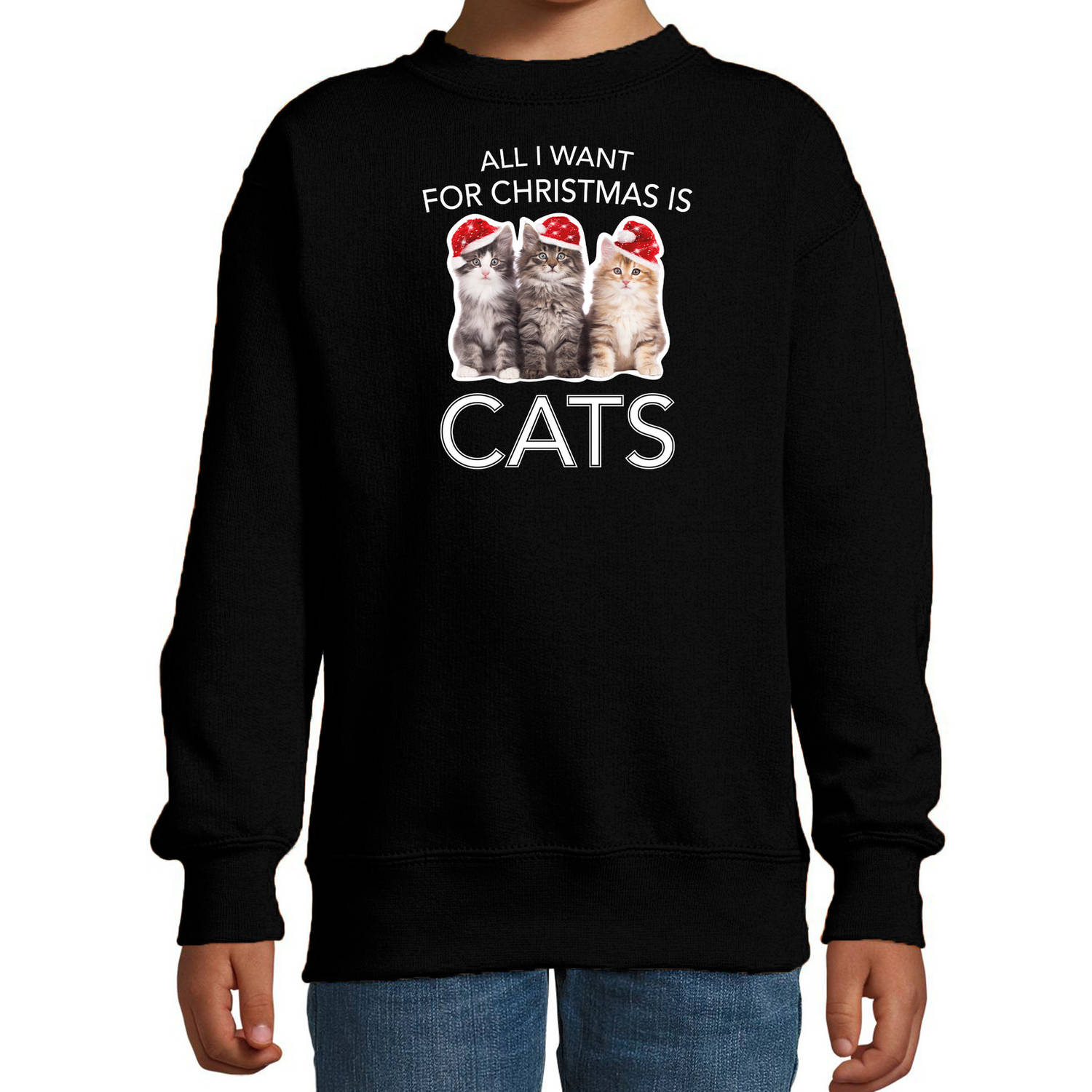 Zwarte Kersttrui / Kerstkleding All I want for christmas is cats voor kinderen 5-6 jaar (110/116) - kerst truien kind