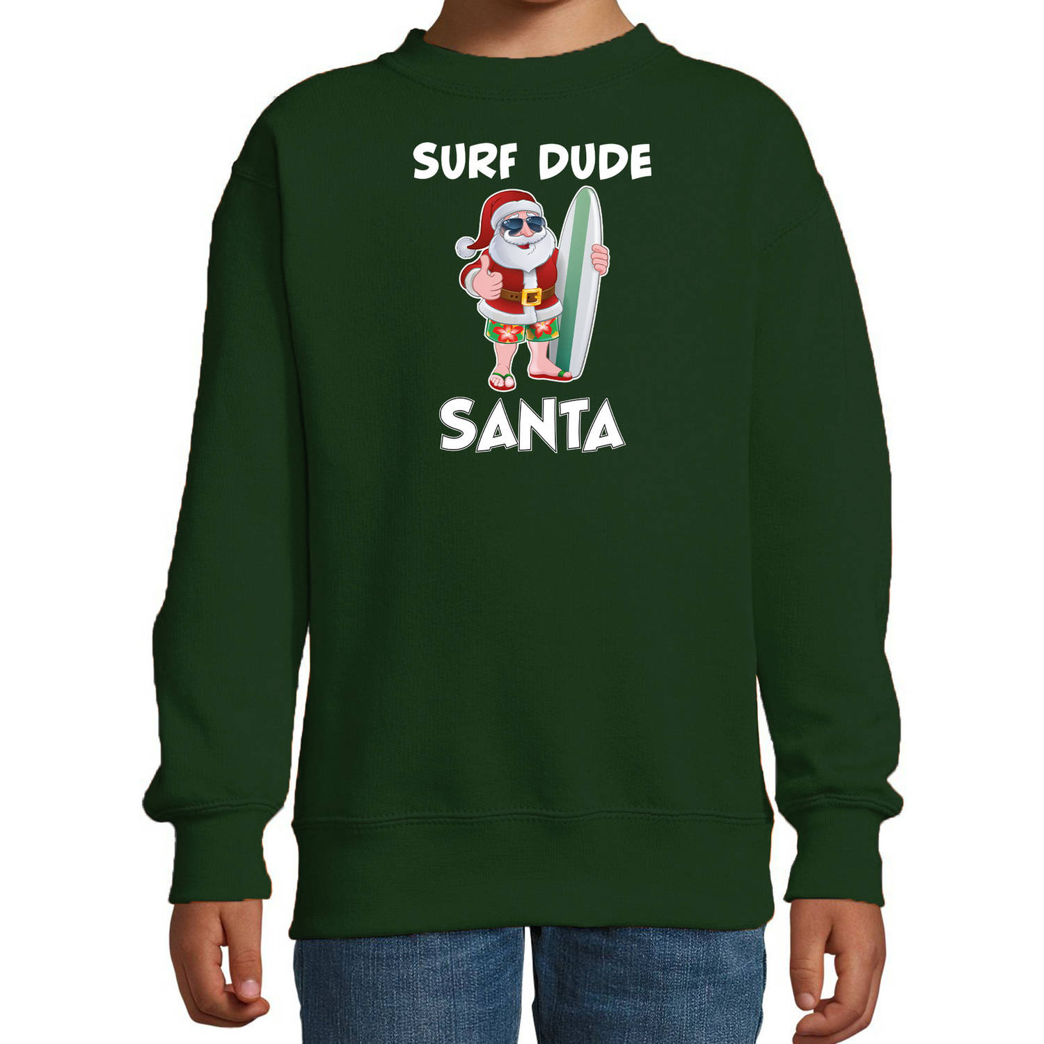 Groene Kersttrui / Kerstkleding surf dude Santa voor kinderen 7-8 jaar (122/128) - kerst truien kind