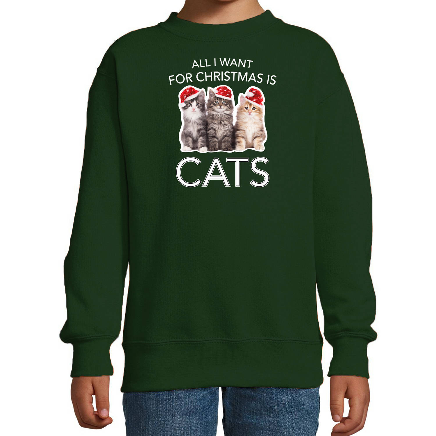 Groene Kersttrui / Kerstkleding All I want for christmas is cats voor kinderen 14-15 jaar (170/176) - kerst truien kind