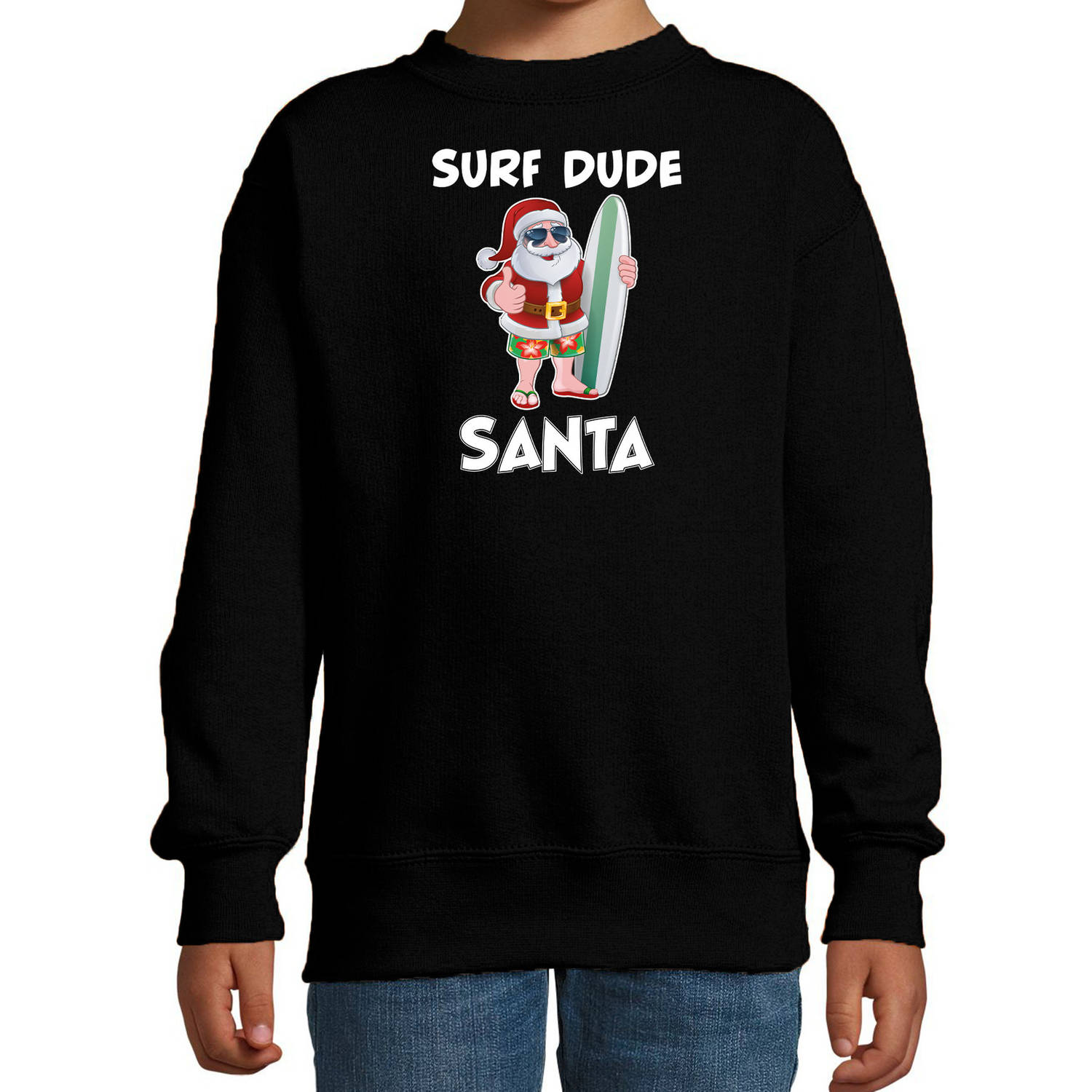 Zwarte Kersttrui / Kerstkleding surf dude Santa voor kinderen 12-13 jaar (152/164) - kerst truien kind