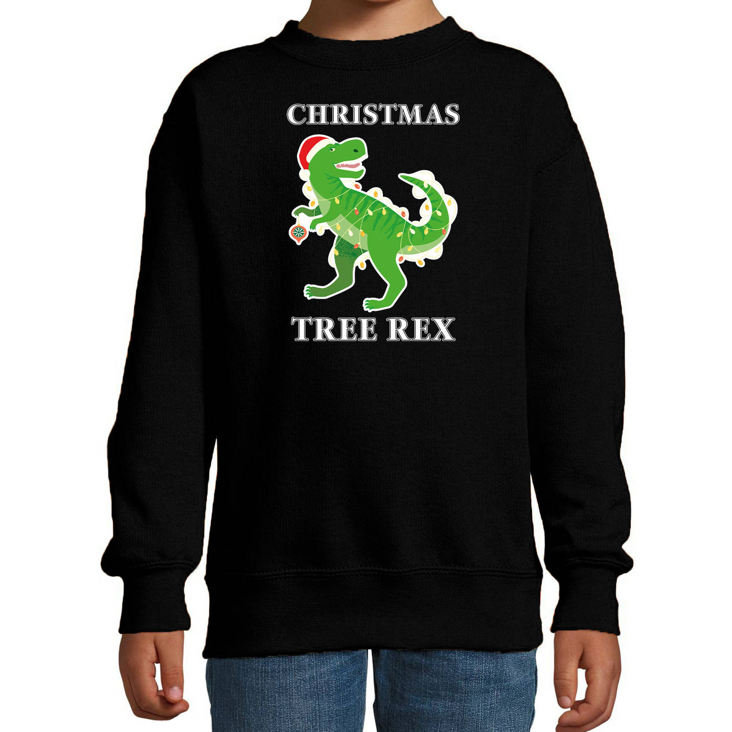 Zwarte Kersttrui / Kerstkleding Christmas tree rex voor kinderen 12-13 jaar (152/164) - kerst truien kind