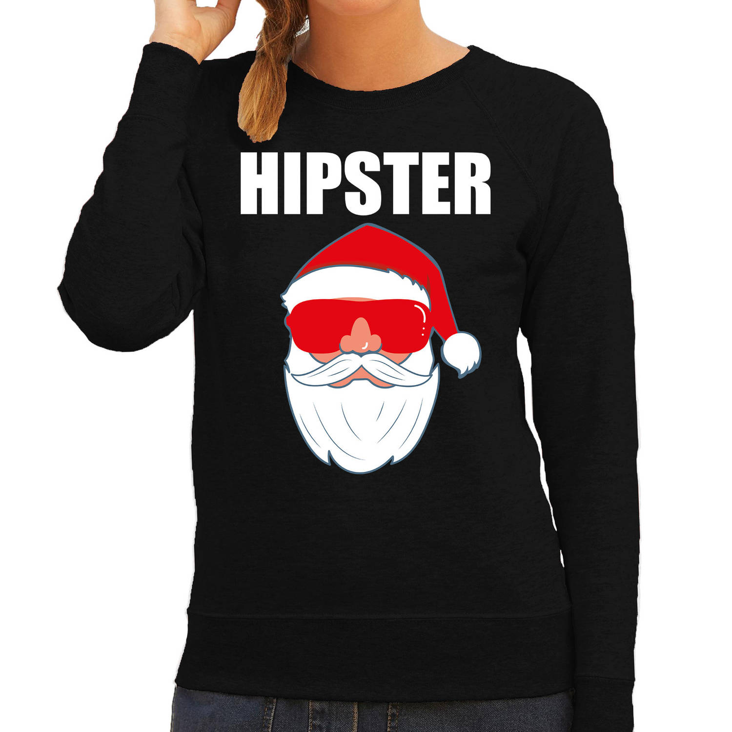 Zwarte Kersttrui / Kerstkleding Hipster voor dames met Kerstman met zonnebril 2XL - kerst truien