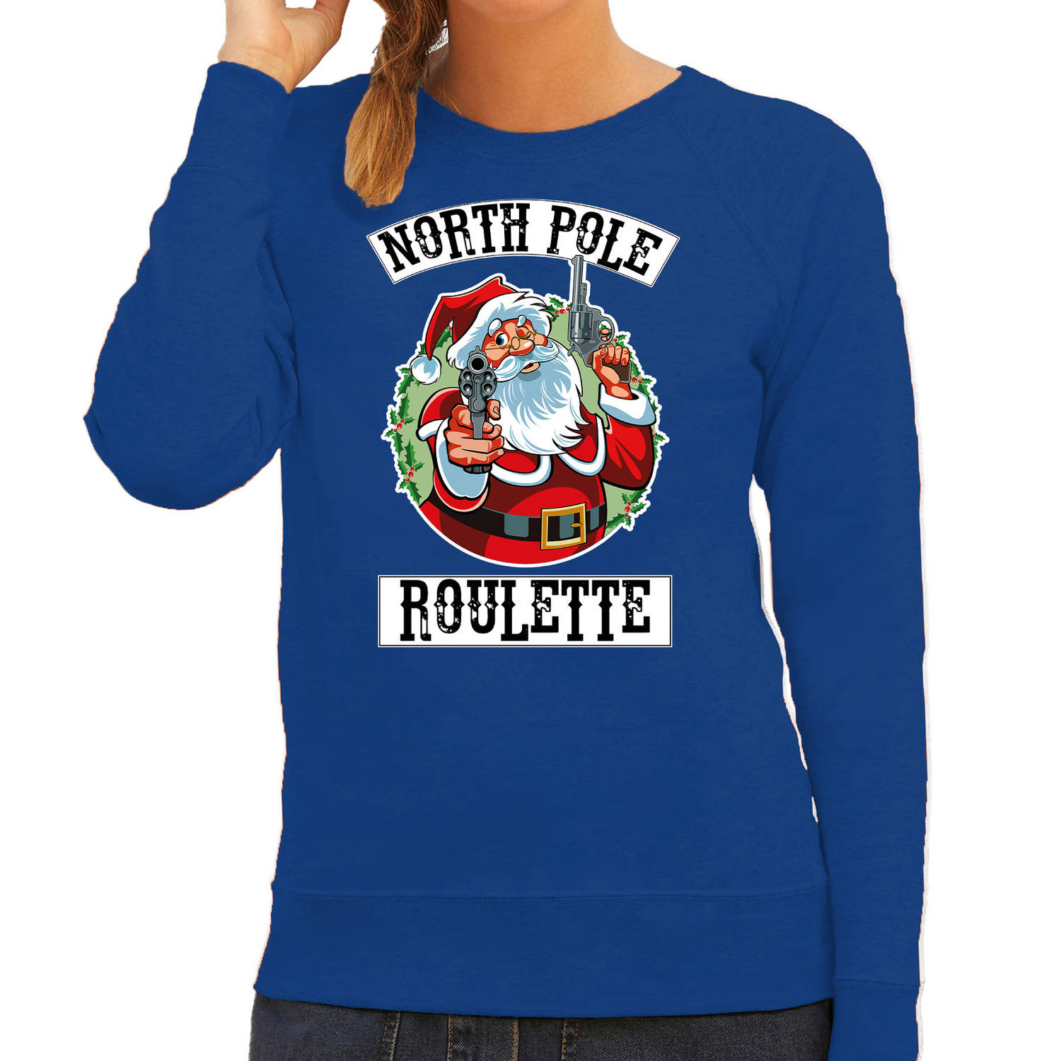 Blauwe Kersttrui / Kerstkleding Northpole roulette voor dames S - kerst truien