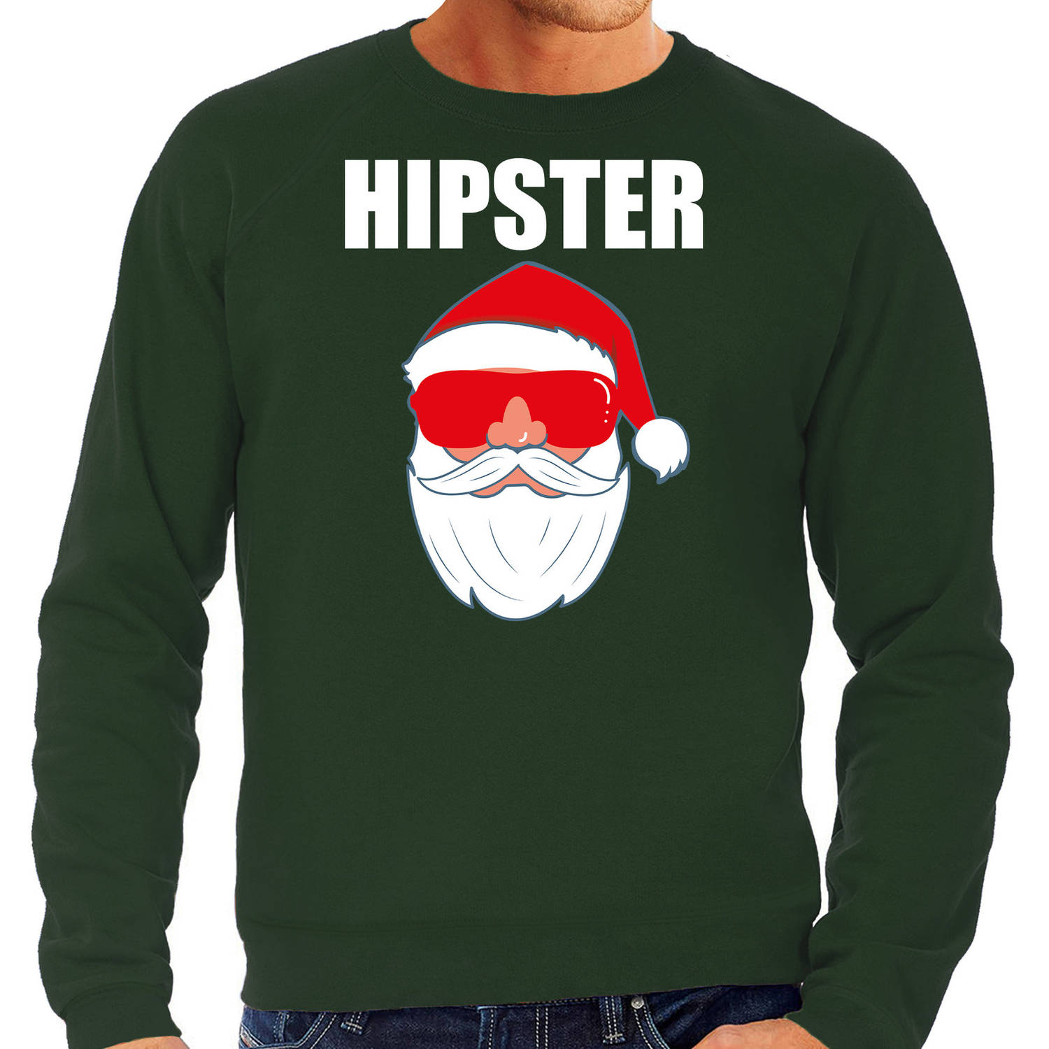 Groene Kersttrui / Kerstkleding Hipster voor heren met Kerstman met zonnebril M - kerst truien