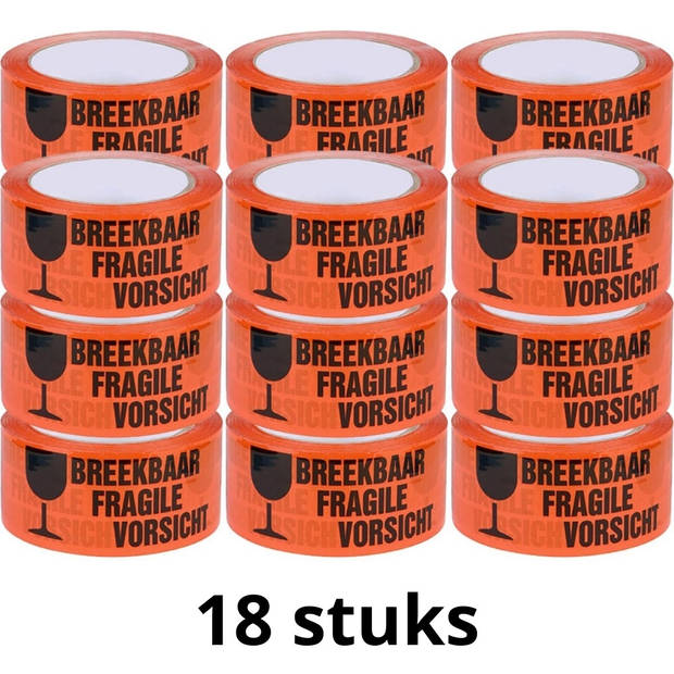 Waarschuwingstape - PP Acryl Tape - Breekbaar - 18 stuks - 50 mm x 60 meter