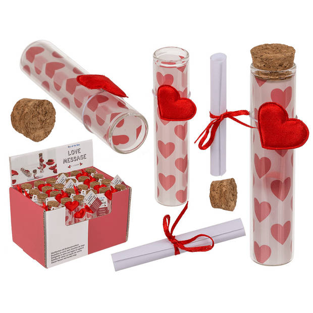 Valentijn hartjes cadeau hartjes flesje van glas met boodschap 11 cm - Feestdecoratievoorwerp