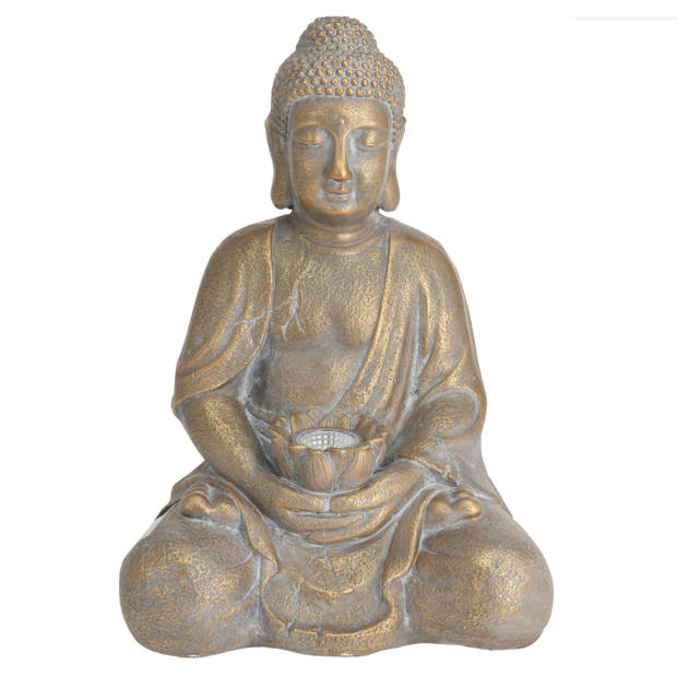 1x Boeddha beeld goud met solar verlichting 44 cm - Tuinbeelden