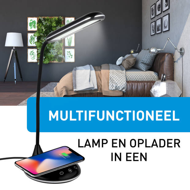 Tafellamp/bureaulampje USB LED zwart met draadloze oplader 48 cm - Bureaulampen