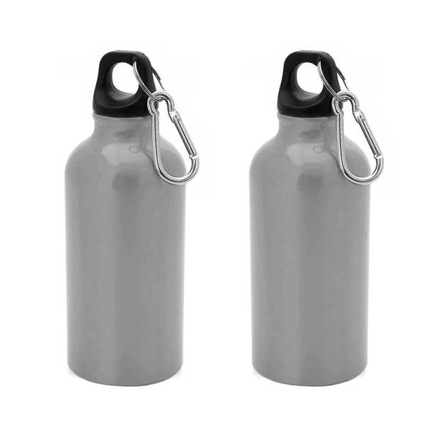 2x Stuks aluminium waterfles/drinkfles zilver met schroefdop en karabijnhaak 400 ml - Drinkflessen