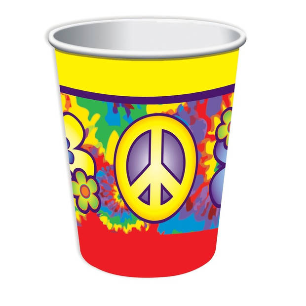 8x Hippie/Flower power/Sixties themafeest bekers 266 ml - Feestbekertjes