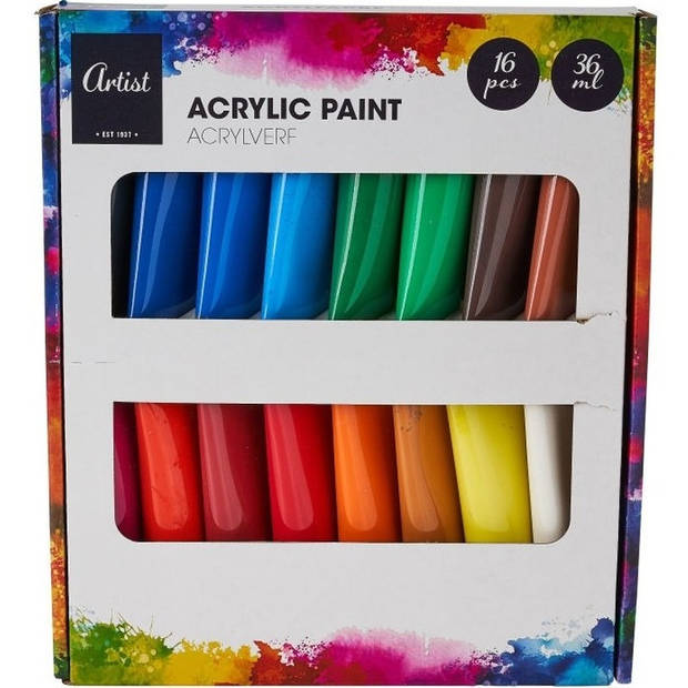 Acrylverf tubes in 16 kleuren 36 ml - Hobbyverf