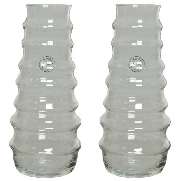 Set van 2x stuks handgemaakte vazen/bloemenvazen ribbel 3,5 liter van glas 13 x 30 cm - Vazen