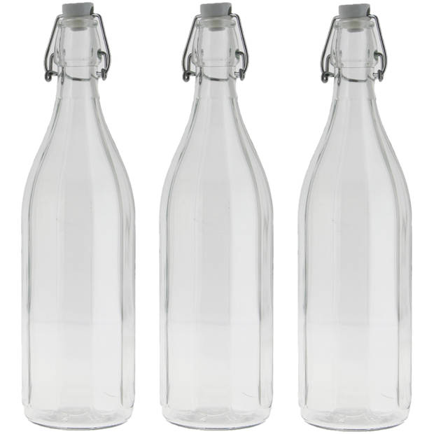 3x Stuks glazen fles transparant met beugeldop 1000 ml - Drinkflessen