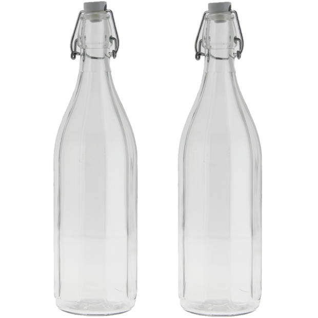 2x Stuks glazen fles transparant met beugeldop 1000 ml - Drinkflessen