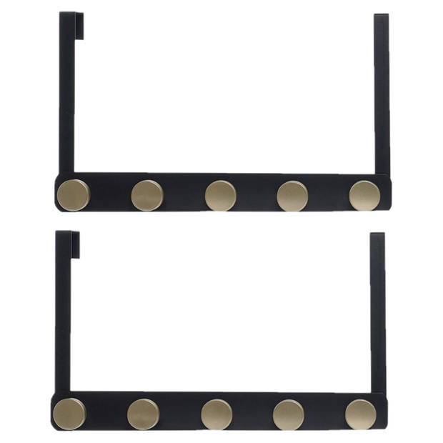 Metalen deurkapstok/rek zwart met 5 goudkleurige ophangknoppen 33 cm - Kapstokken