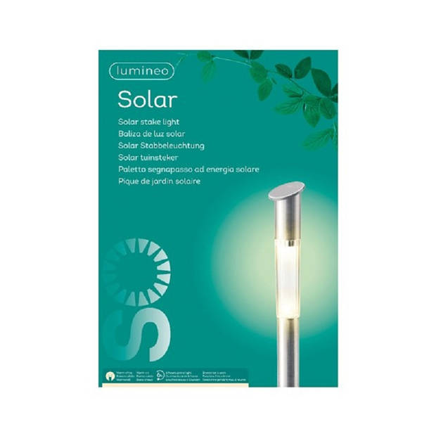 2x Buiten/tuin Led zilveren stekers solar verlichting 57 cm Rvs warm wit - Prikspotjes