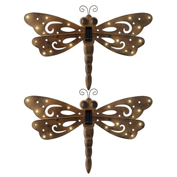 2x stuks ijzeren decoratie libelle met solar verlichting 53 x 35 cm - Tuinbeelden