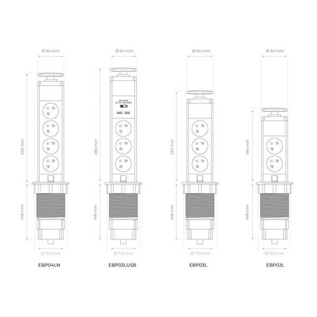 Perel stekkerdoos Pop-Up USB 9 x 43 cm 3680W zwart