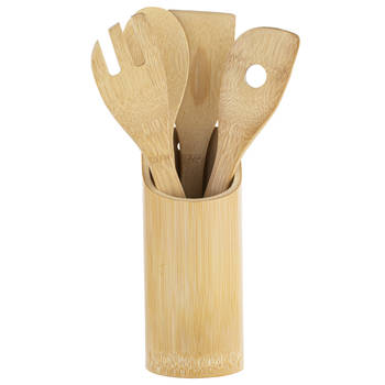 Bamboe houten keukengerei spatel set 4-delig met houder - Keukenspatels