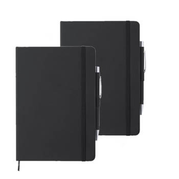 Set van 2x stuks luxe notitieboekje zwart met elastiek en pen A5 formaat - Schriften