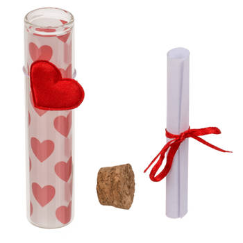 Valentijn hartjes cadeau hartjes flesje van glas met boodschap 11 cm - Feestdecoratievoorwerp